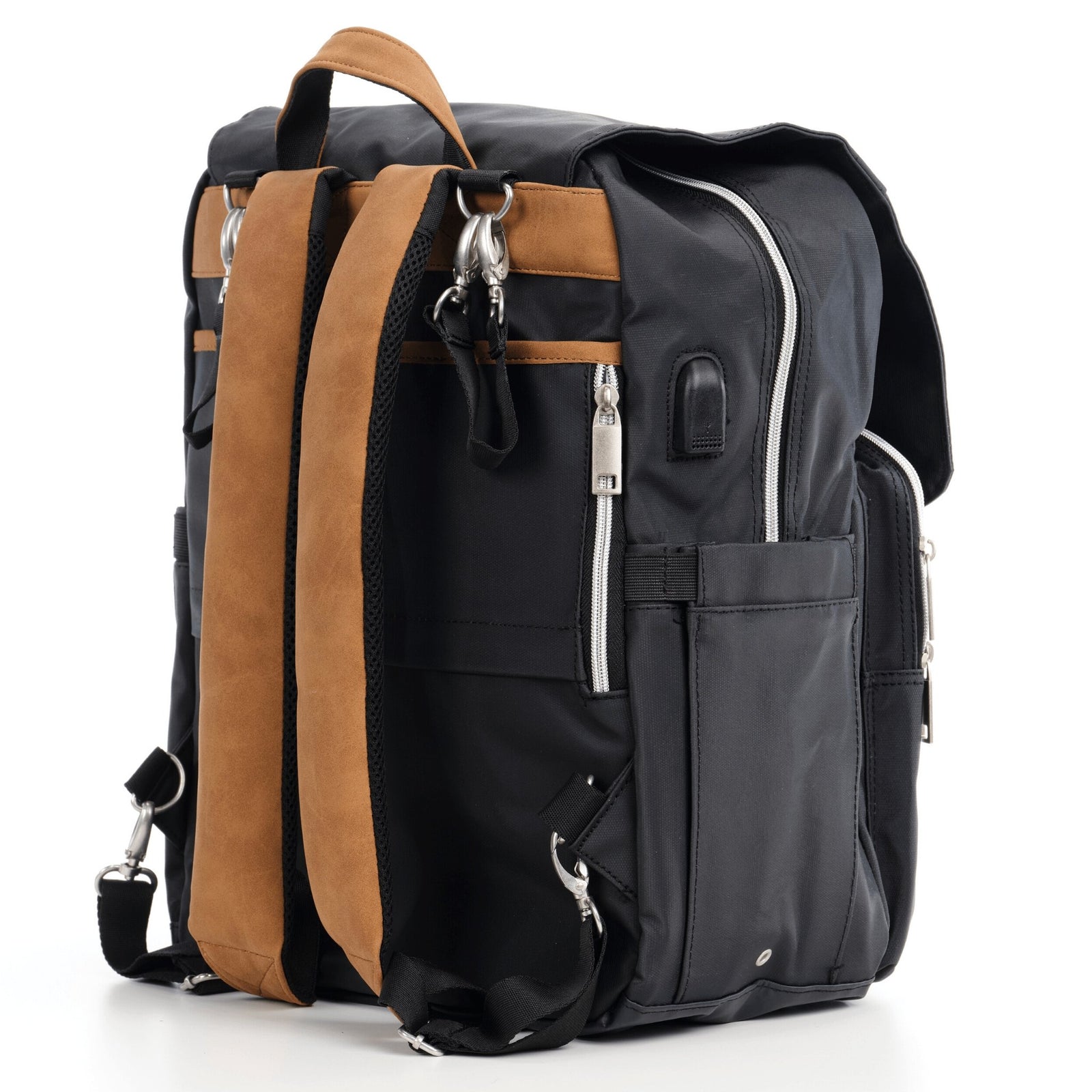 Front view of Sleepy Panda Kaitlyn Canvas Diaper Bag Backpack Solid black canvas on top with solid black canvas on front pocket Black top front flap with vegan leather tabs Zipper pocket on front flap and a vegan leather Sleepy Panda logo in the middle of the front flap Front pocket has a top zipper pocket and a front zipper pocket with a second vegan leather Sleepy Panda logo Vegan leather handle on top Silver zippers